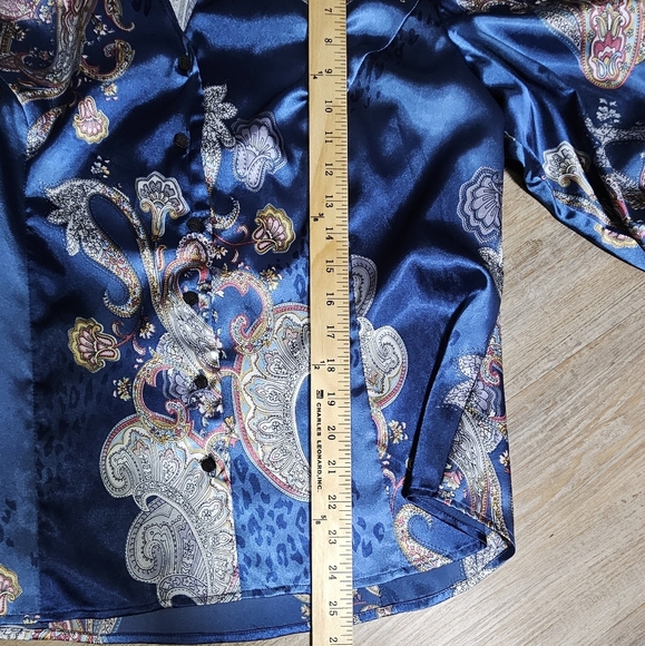 Spense Paisley Satin Blouse - Blue pink Ruffle Statement Sleeve Button Up Large - Picture 14 of 16